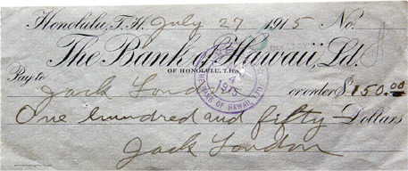«Jack London Bank of Hawaii signed check, type 2»